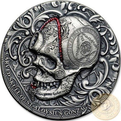 Republic of Cameroon CARVED SKULL of St. ALOYSIUS GONZAGA series CARVED SKULLS & BONES Silver coin 1000 Francs 2018 Antique finish Ultra High Relief 1 oz